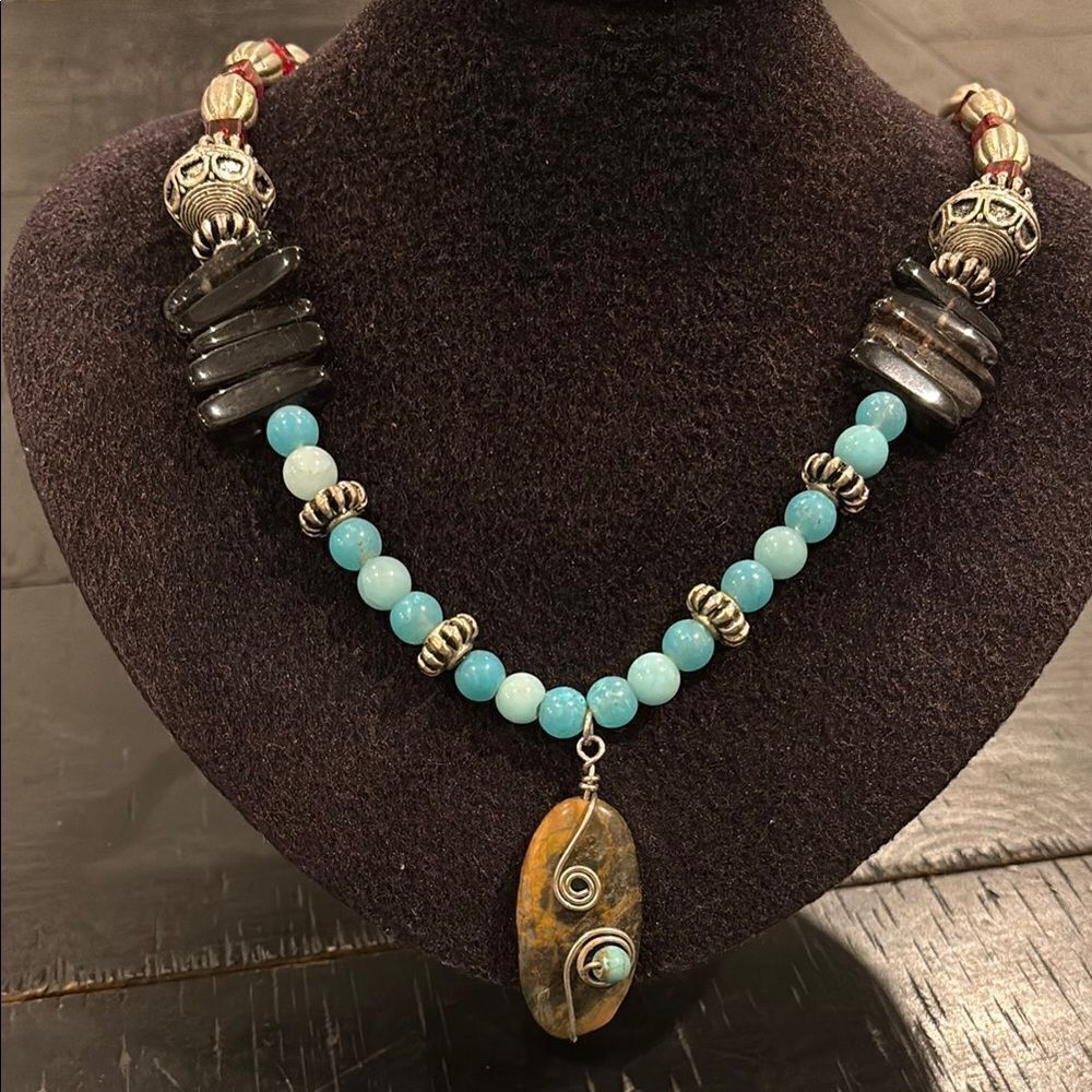Long Gemstone Southwestern Beaded Western Boho Pendant Necklace Mixed Media​​​